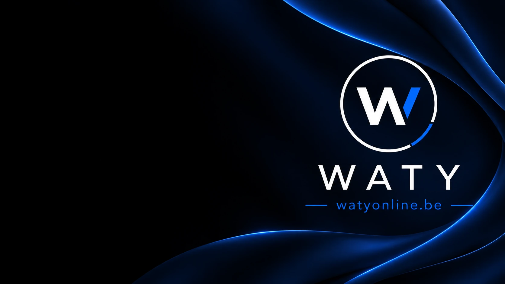 WATY — monogramme W blanc et bleu, watyonline.be, sur fond noir et courbes bleu électrique.